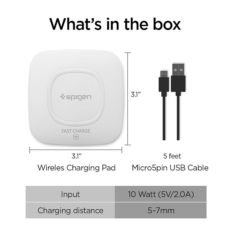 Spigen F301W, 10W Fast Wireless Charger Compatible For All Qi-Enabled Smartphones, Cellular Phones And More - White