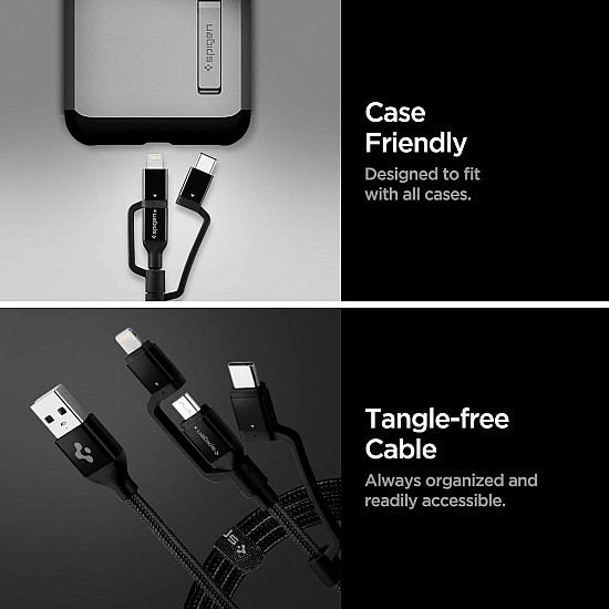 Spigen DuraSync 3 in 1 Universal Charger Cable, Micro USB/Lightning/USB C adapters [MFi Certified], 4.9ft Premium Braided Multi Charging Cable for iPhone Pro/Max/Mini/SE/iPad/Galaxy/Pixel & More