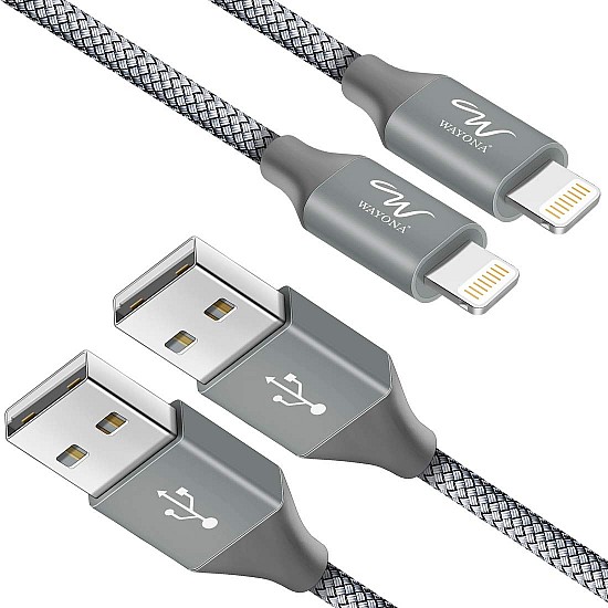 Wayona Nylon Braided (2 Pack) Long Lightning To Usb A Syncing And Fast Charging Data Cable For Iphone, Ipad Tablet (3Ft+6Ft Pack Of 2, Grey)