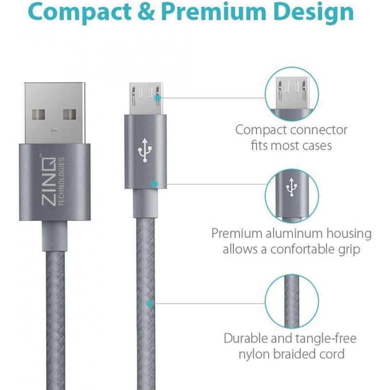 Zinq Technologies Nylon Braided Micro USB Cable - 4.9 Feet (1.5 Meters) - (Silver)