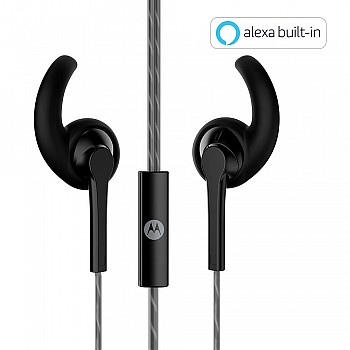 Motorola Pace 130 in-Ear Headphones with Mic, Ear Hooks & Alexa Built-in(Black)