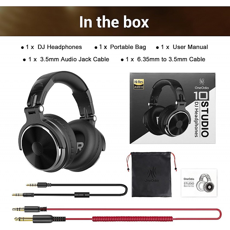 OneOdio Pro-10 Over Ear Headphones-Adapter Free Closed Back & Mixing DJ Stereo Headset with Hi-res Certification for AMP Computer Recording Phone Piano Guitar Laptop - Black Professional Studio Monitor Headphones