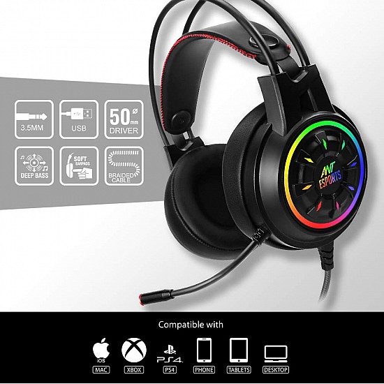 Ant Esports H707 HD RGB Wired Gaming Headset | Noise Cancelling Over-Ear Headphones with Mic for PC / PS4 / Xbox One/Nintendo Switch/Mac