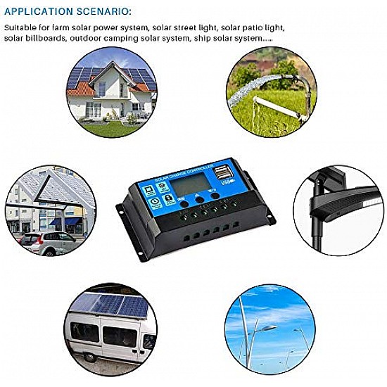 ELEPHANTBOAT® ABS 30A 12V 24V Solar Panel Charger Controller Battery Regulator Dual USB LCD Display (Blue)