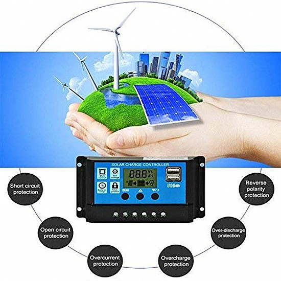 ELEPHANTBOAT® ABS 30A 12V 24V Solar Panel Charger Controller Battery Regulator Dual USB LCD Display (Blue)