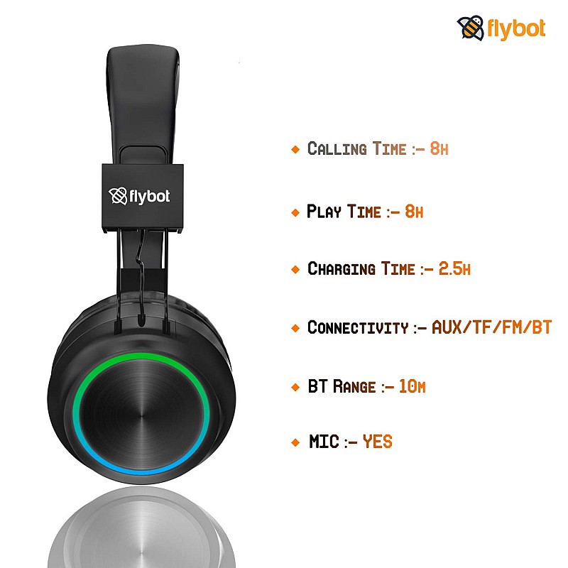 Flybot Alpha Wireless Over Ear Bluethooth Headphone with Mic IPX5 Rated with HD Sound and LED Light Design (Black)