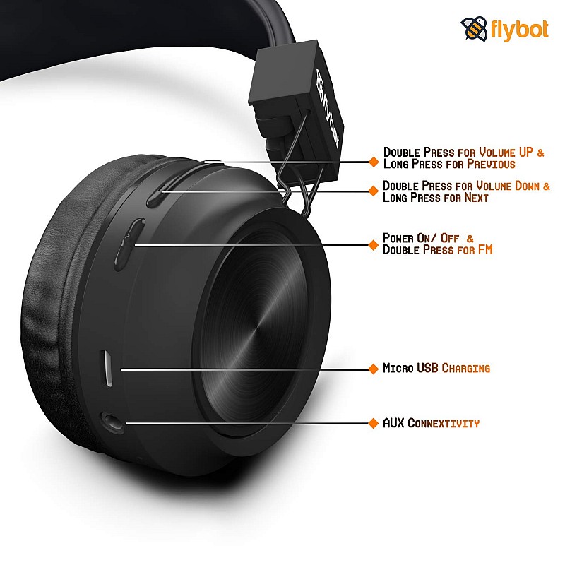 Flybot Alpha Wireless Over Ear Bluethooth Headphone with Mic IPX5 Rated with HD Sound and LED Light Design (Black)