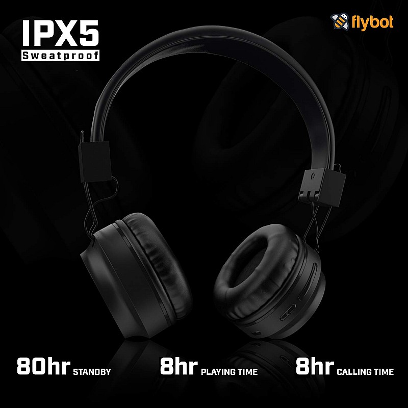 Flybot Alpha Wireless Over Ear Bluethooth Headphone with Mic IPX5 Rated with HD Sound and LED Light Design (Black)