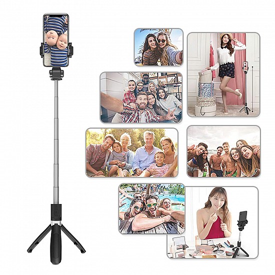 JOYSEUS Selfie Stick, Extendable Selfie Stick with Tripod Stand and Detachable Wireless Bluetooth Remote, Ultra Compact Selfie Stick for Mobile and All Smart Phones – Black