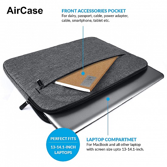 AirCase Protective Laptop Bag Sleeve fits Upto 14.1" Laptop/MacBook, Wrinkle Free, Padded, Waterproof Light Nylon case Cover Pouch, for Laptops, Men & Women, Grey