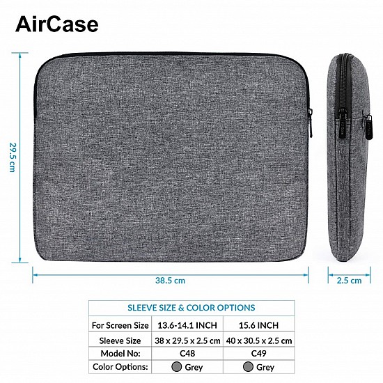 AirCase Protective Laptop Bag Sleeve fits Upto 14.1" Laptop/MacBook, Wrinkle Free, Padded, Waterproof Light Nylon case Cover Pouch, for Laptops, Men & Women, Grey