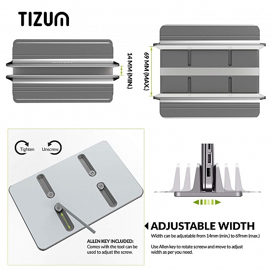 Tizum Vertical Laptop Tabletop Stand for Desk with Adjustable Dock Width, Size & Space Saver Sturdy Holder with Anti Slip Silicone Mat, for All Laptops, Notebook, MacBook, Tablets, iPads, Grey