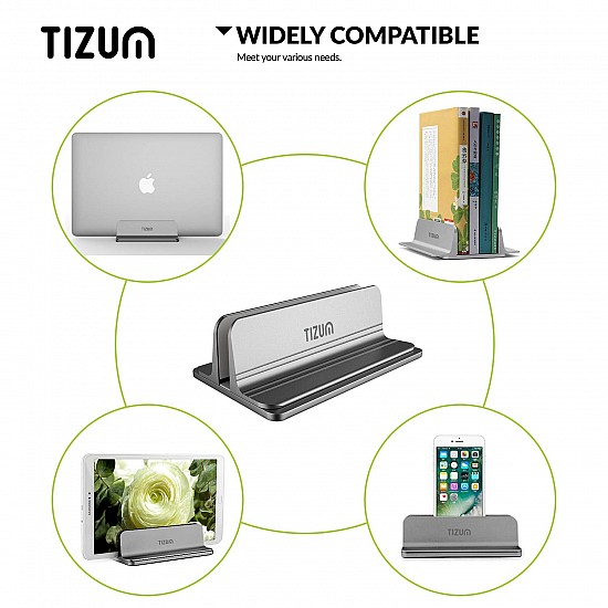 Tizum Vertical Laptop Tabletop Stand for Desk with Adjustable Dock Width, Size & Space Saver Sturdy Holder with Anti Slip Silicone Mat, for All Laptops, Notebook, MacBook, Tablets, iPads, Grey