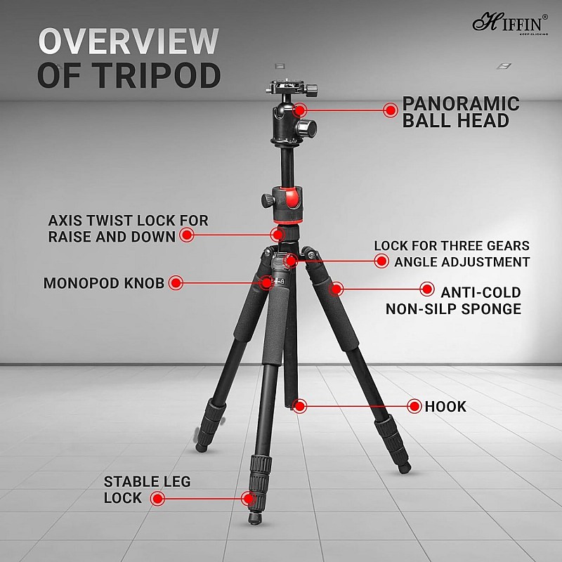 Hiffin HF-550 Tripod, 65 inches Special Quality Camera Tripod for Canon Nikon DSLR, Aluminum Alloy Tripod with 360 Degree Ball Head, Professional Tripod for Travel and Work (Black)