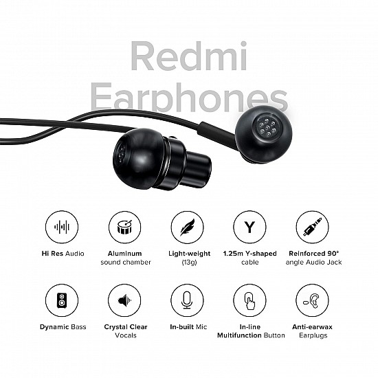 REDMI Wired High Definition in-Ear Earphones with in-Built HD Mic, Hi-Res Audio Certified, 10 mm Driver, Metal Sound Chamber for Dynamic Bass (Black)