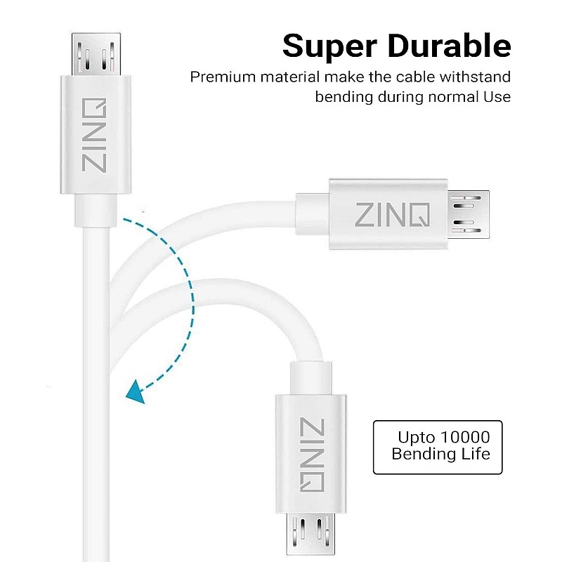 Zinq Super Durable Micro to USB 2.0 Round Cable with High Speed Charging, Quick Data Sync and PVC Connectors for All USB Powered Devices (White)