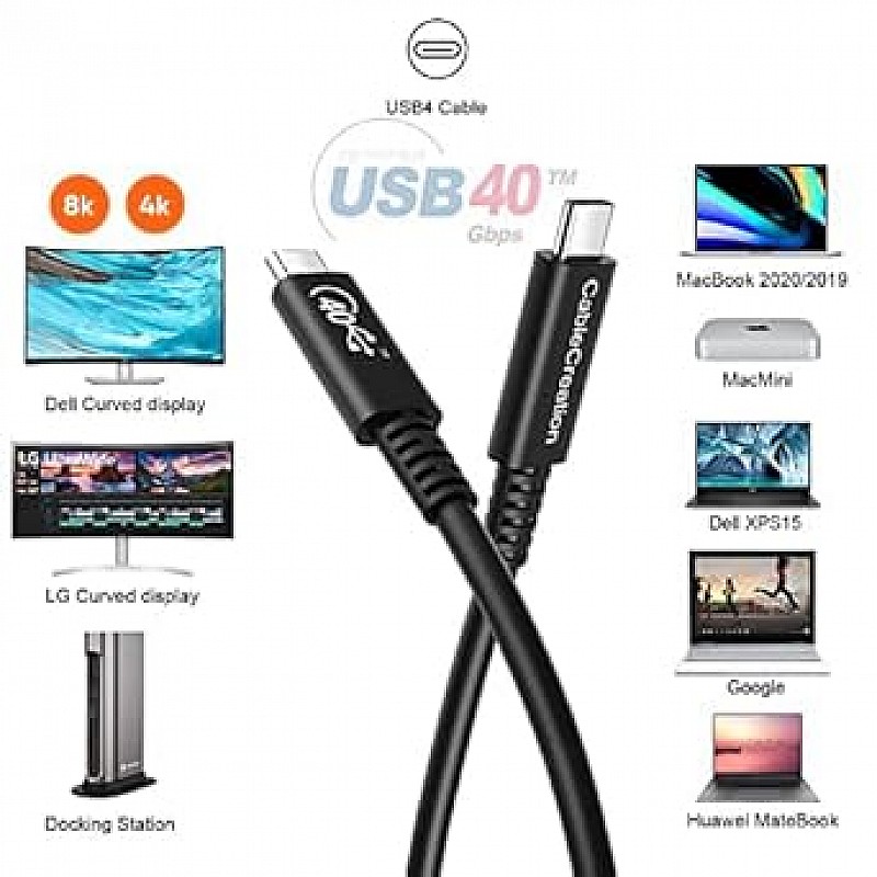 Cablecreation Usb-If Certified Usb 4 Thunderbolt 4/3, Usb4 40Gbps 100W Charging, 8K 30Hz Or Dual 4K 60Hz Video Cable Compatible For Laptop, Monitor (Black, 2.6Ft)