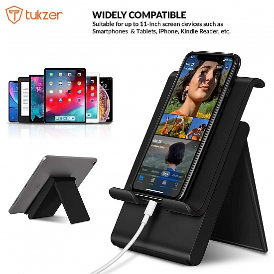 Tukzer Tabletop Foldable & Portable Desktop Telescopic Smartphone Tablet Table Stand with Adjustable Height, Angle & Silicone Pad Supports Upto 11 inches(27cm) Tab for Android & Mobile, Silver - TZ-T9