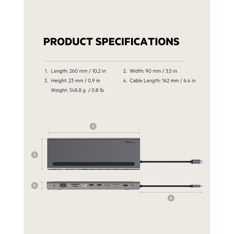 Belkin USB C Hub, 11-in-1 MultiPort Adapter Dock with 4K HDMI, DP, VGA, USB-C 100W PD Pass-Through Charging, 3 USB A, Gigabit Ethernet, SD, MicroSD, 3.5mm Ports for MacBook Pro, Air, XPS and More