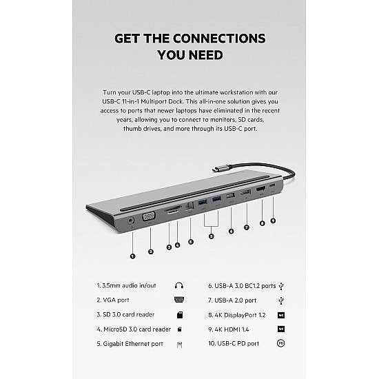 Belkin USB C Hub, 11-in-1 MultiPort Adapter Dock with 4K HDMI, DP, VGA, USB-C 100W PD Pass-Through Charging, 3 USB A, Gigabit Ethernet, SD, MicroSD, 3.5mm Ports for MacBook Pro, Air, XPS and More