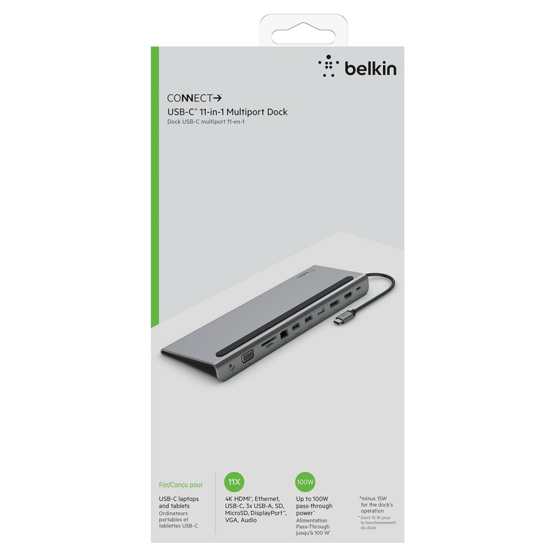 Belkin USB C Hub, 11-in-1 MultiPort Adapter Dock with 4K HDMI, DP, VGA, USB-C 100W PD Pass-Through Charging, 3 USB A, Gigabit Ethernet, SD, MicroSD, 3.5mm Ports for MacBook Pro, Air, XPS and More