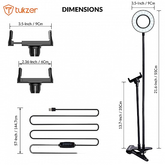 Tukzer 3.5" LED Selfie Ring Light with Phone Holder |Flexible Arm Desk Mount Clamp for Live Stream, Makeup, Online Meetings, Recording, Photography, USB Reading Light | 3 Color 10 Brightness Level