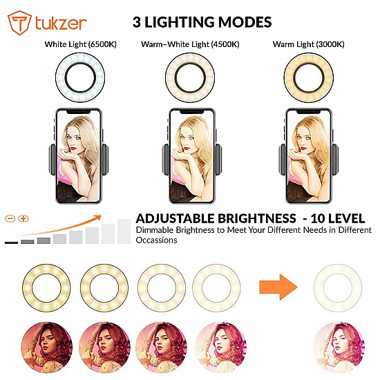 Tukzer 3.5" LED Selfie Ring Light with Phone Holder |Flexible Arm Desk Mount Clamp for Live Stream, Makeup, Online Meetings, Recording, Photography, USB Reading Light | 3 Color 10 Brightness Level