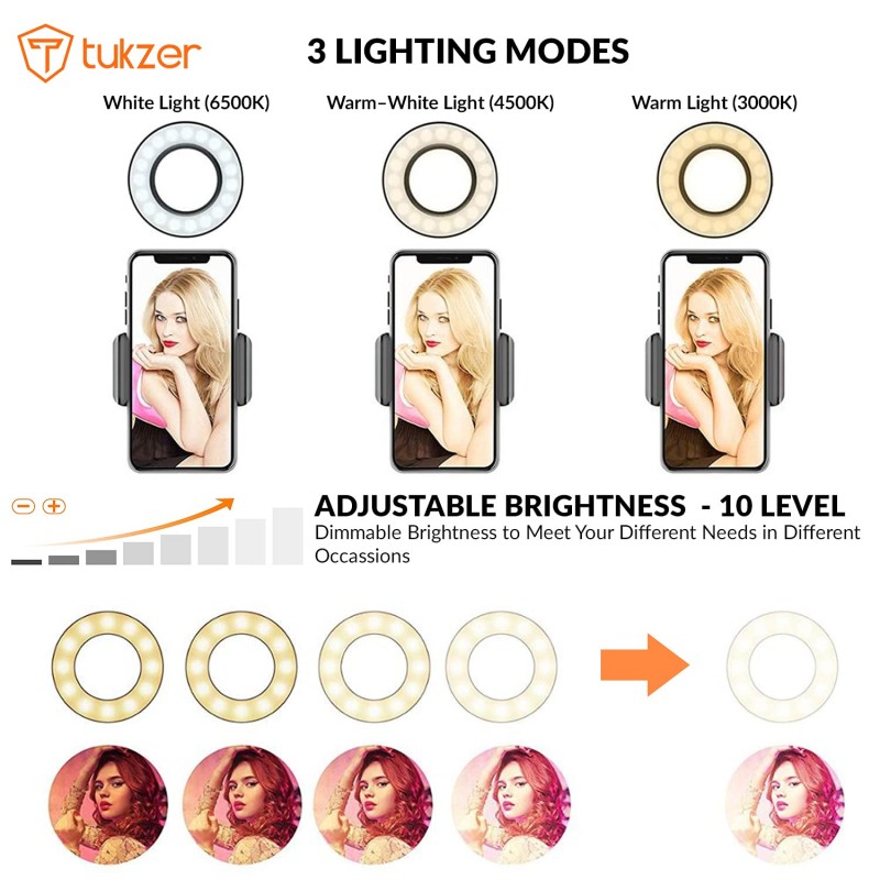 Tukzer 3.5" LED Selfie Ring Light with Phone Holder |Flexible Arm Desk Mount Clamp for Live Stream, Makeup, Online Meetings, Recording, Photography, USB Reading Light | 3 Color 10 Brightness Level