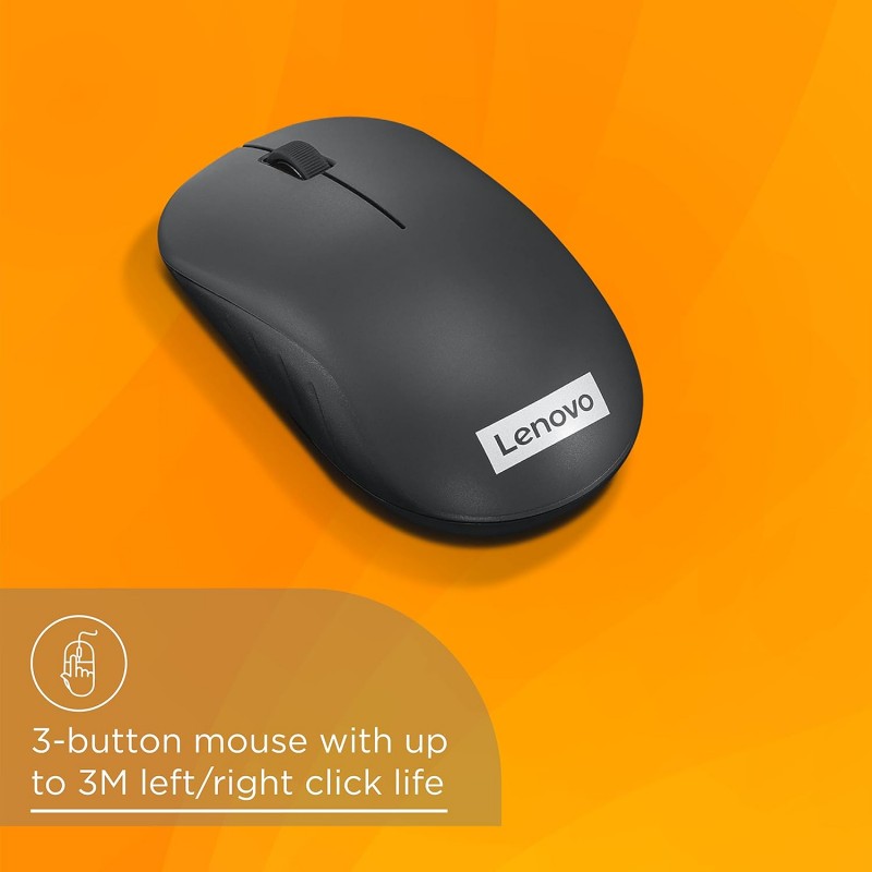 Lenovo 130 Wireless Compact Mouse, 1K DPI Optical sensor, 2.4GHz Wireless NanoUSB, 10m range, 3button(left,right,scroll) upto 3M left/right clicks, 10 month battery, Ambidextrous, Ergonomic GY51C12380