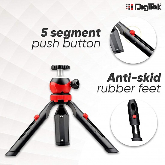 DIGITEK® (DTR-200MT) 18CM Flexible & Portable Mini Tripod with Smartphone Holder & 360° Ball Head, 1kg Load Capacity, 2 Section Adjustment, Rubber Feet, For Smartphones, Compact Cameras, GoPro Cameras