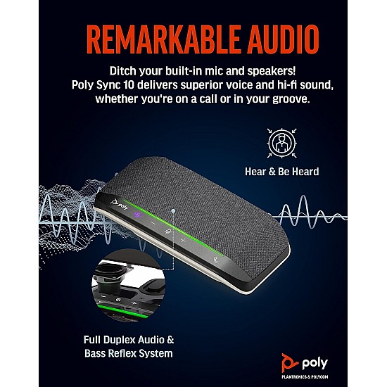 Poly Sync 10 USB Speakerphone - Two-in-One Portable Speaker for Audio/Video Conference Calls & Music - USB Powered - Works with Teams (Certified), Zoom & More - Dual-Mic, Full-Duplex Audio