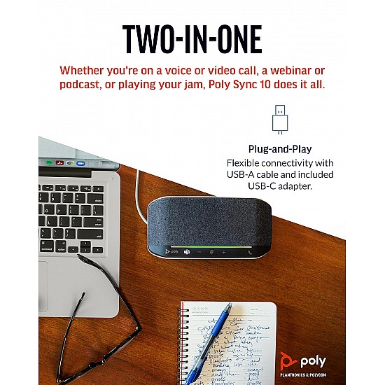 Poly Sync 10 USB Speakerphone - Two-in-One Portable Speaker for Audio/Video Conference Calls & Music - USB Powered - Works with Teams (Certified), Zoom & More - Dual-Mic, Full-Duplex Audio