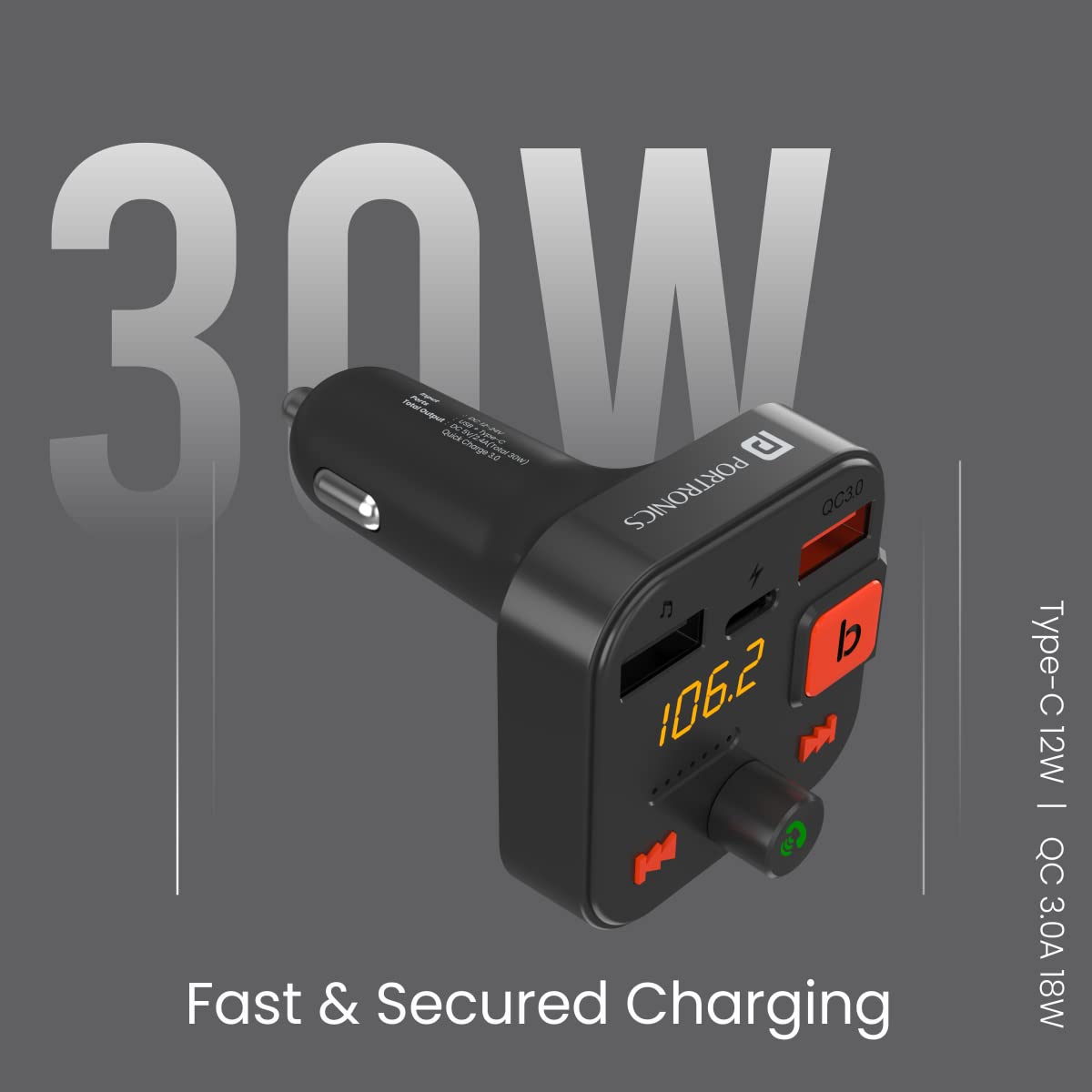 Portronics Auto 20 Smart Audio Connector with Mobile Charger(Type C + QC 3.0), Latest Bluetooth 5.1, 30W Output, Handsfree Calling, Powerful Bass Compatible with most Cars(Black) Portronics Auto 20 Smart Audio Connector with Mobile Charger(Type C + QC 3.0), Latest Bluetooth 5.1, 30W Output, Handsfree Calling, Powerful Bass Compatible with most Cars(Black)