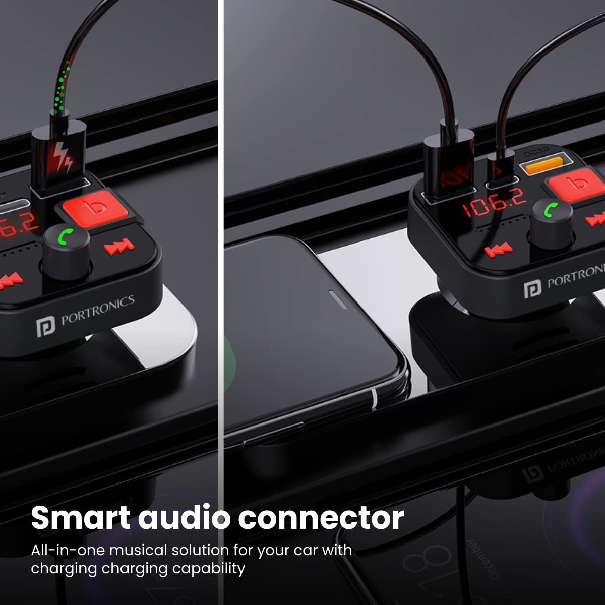 Portronics Auto 20 Smart Audio Connector with Mobile Charger(Type C + QC 3.0), Latest Bluetooth 5.1, 30W Output, Handsfree Calling, Powerful Bass Compatible with most Cars(Black) Portronics Auto 20 Smart Audio Connector with Mobile Charger(Type C + QC 3.0), Latest Bluetooth 5.1, 30W Output, Handsfree Calling, Powerful Bass Compatible with most Cars(Black)