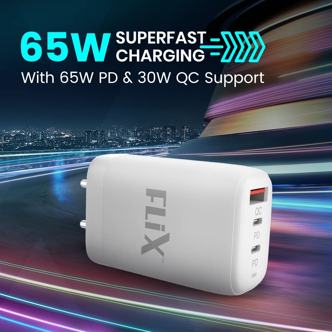 FLiX (Beetel) Storm 65W PD & QC GaN Tech Fast Charging Wall Charger for Mobile(Android/iOS), Laptop & MacBook, Triple Output (1Type A+2Type C),Wide Compatibility, with 65W Type C Cable(White - ST165)