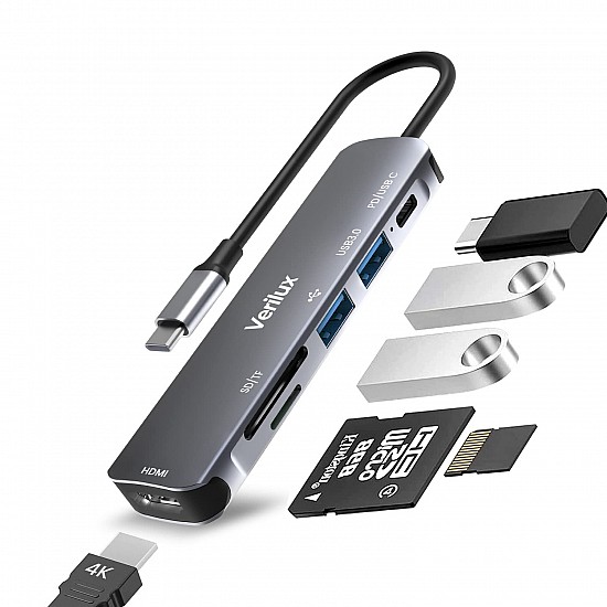 Verilux ® USB C Hub Multiport Adapter 6 in 1 Portable Aluminum USB Extender 