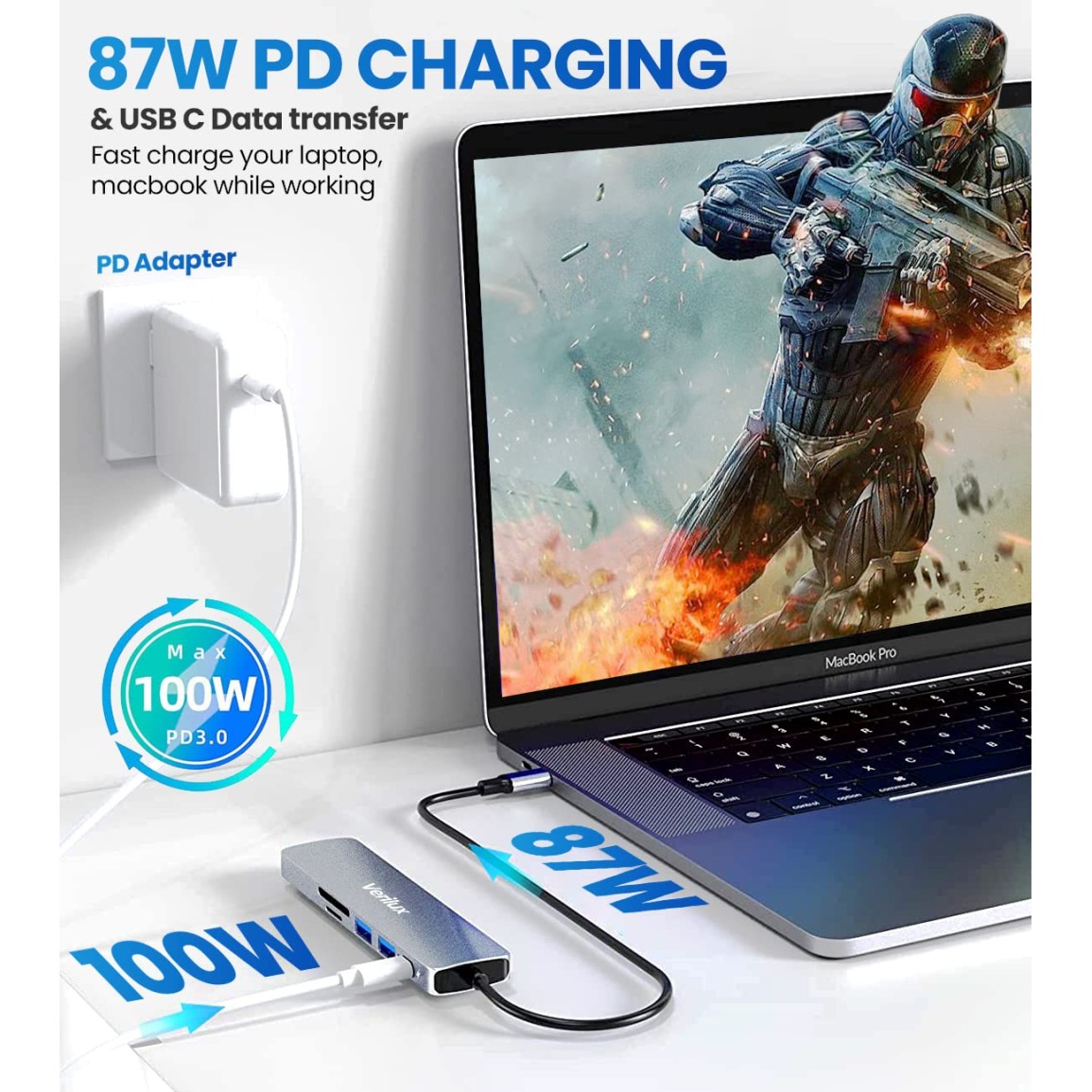 Verilux ® USB C Hub Multiport Adapter-6-in-1-Portable-Aluminum-USB-Extender