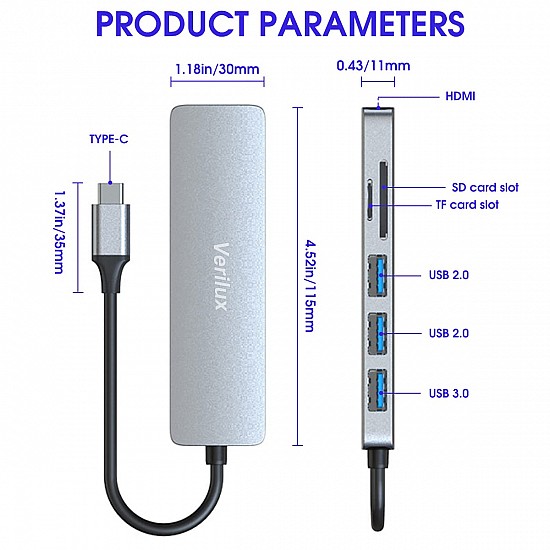 Verilux ® USB C Hub Multiport Adapter 6 in 1 Portable Aluminum USB Extender 