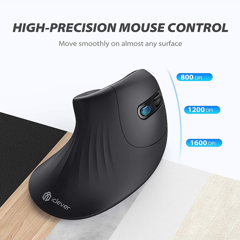 iClever Ergonomic Mouse, Vertical Mouse 6 Buttons Adjustable DPI - Black