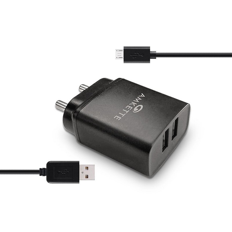 Amkette PowerPro Smart Dual Port Wall Charger MicroUSB Cable Included (2.4 Amperes) (Black)-