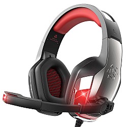 Hunterspider Gaming Headset Headphones for PS4 PS5 Switch Xbox One PC with Microphone, Noise Reduction Surround Sound & LED Light (Red)