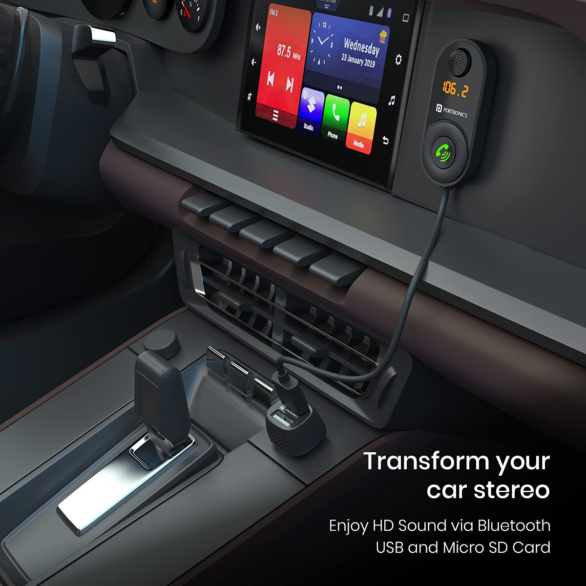 Portronics AUTO 12 in-Car Bluetooth Receiver for Handsfree Calling, Music System, Supports All Smartphones (Black)