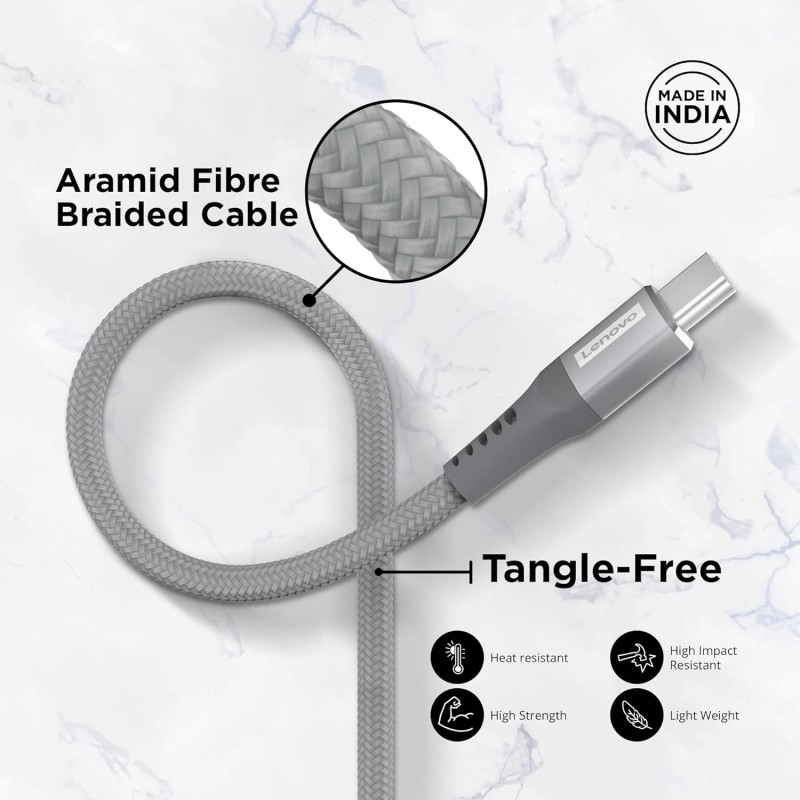 Lenovo USB C to Type-C Tangle-free Aramid fiber braided 1.2m cable - Metallic Grey Lenovo USB C to Type-C Tangle-free Aramid fiber braided 1.2m cable - Metallic Grey
