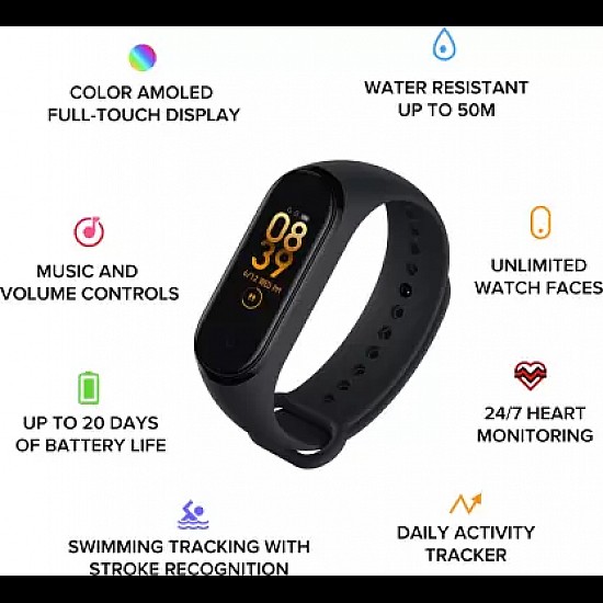 Mi Smart Band 4  (Black Strap, Size : Regular)