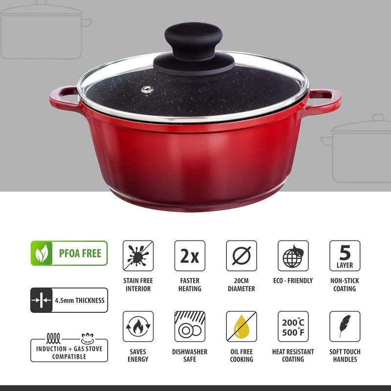 Nouvetta Die Cast Casserole with Lid (20 cm) and 4.5mm Thickness, Red & Black Nouvetta Die Cast Casserole with Lid (20 cm) and 4.5mm Thickness, Red & Black