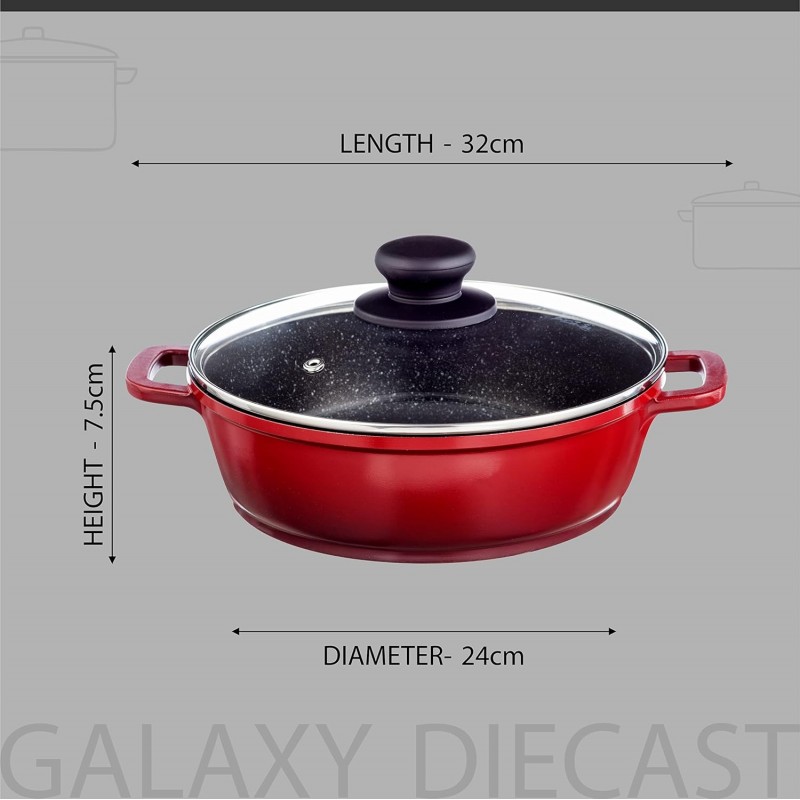 Nouvetta Die Cast Non Stick Kadhai with Glass Lid ( 24 cm, 3 Coat, 4.5mm Thickness), Red & Black Nouvetta Die Cast Non Stick Kadhai with Glass Lid ( 24 cm, 3 Coat, 4.5mm Thickness), Red & Black