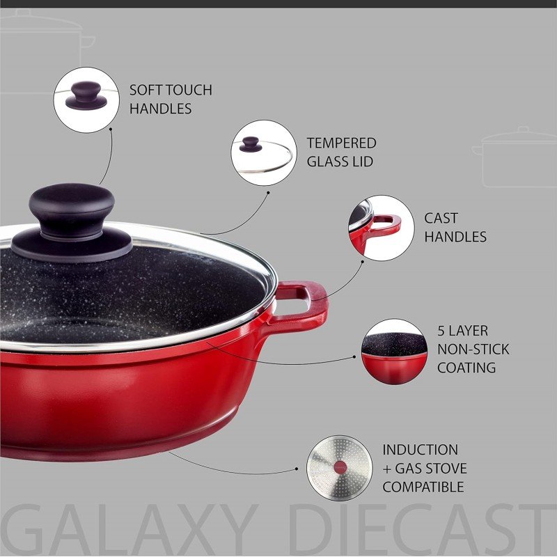 Nouvetta Die Cast Non Stick Kadhai with Glass Lid ( 24 cm, 3 Coat, 4.5mm Thickness), Red & Black Nouvetta Die Cast Non Stick Kadhai with Glass Lid ( 24 cm, 3 Coat, 4.5mm Thickness), Red & Black
