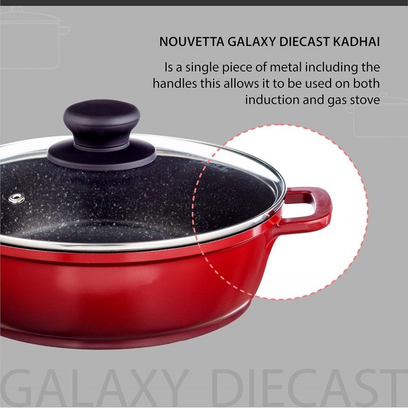 Nouvetta Die Cast Non Stick Kadhai with Glass Lid ( 24 cm, 3 Coat, 4.5mm Thickness), Red & Black Nouvetta Die Cast Non Stick Kadhai with Glass Lid ( 24 cm, 3 Coat, 4.5mm Thickness), Red & Black