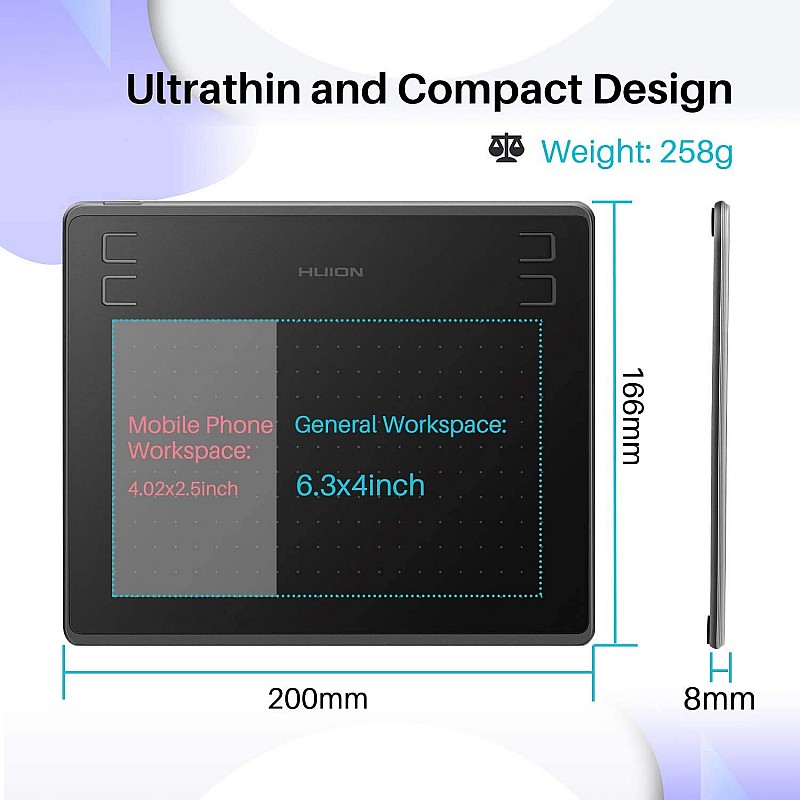 HUION HS64 Graphics Drawing Tablet Battery-Free Stylus Android Windows macOS