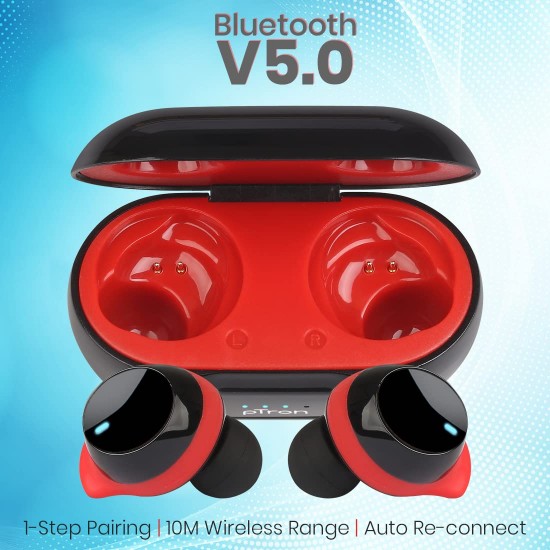 pTron Bassbuds Evo Bluetooth 5.0 Wireless Headphones, Deep Bass, Touch Control Wireless TWS Earbuds, with Voice Assistance (Black & Red)
